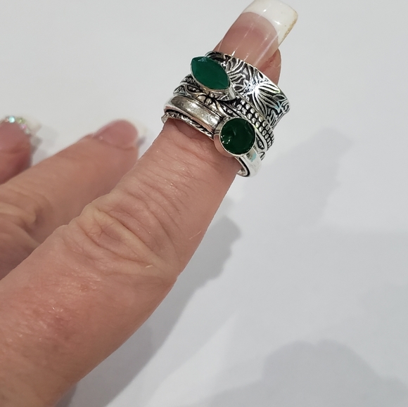Handmade Green Onyx 925 Silver Spinner Ring - Picture 8 of 10